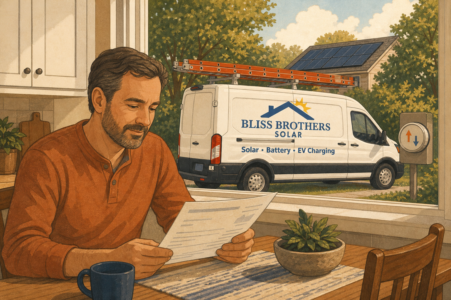 Southwest Missouri homeowner reviewing an electric bill next to a Bliss Brothers Solar van