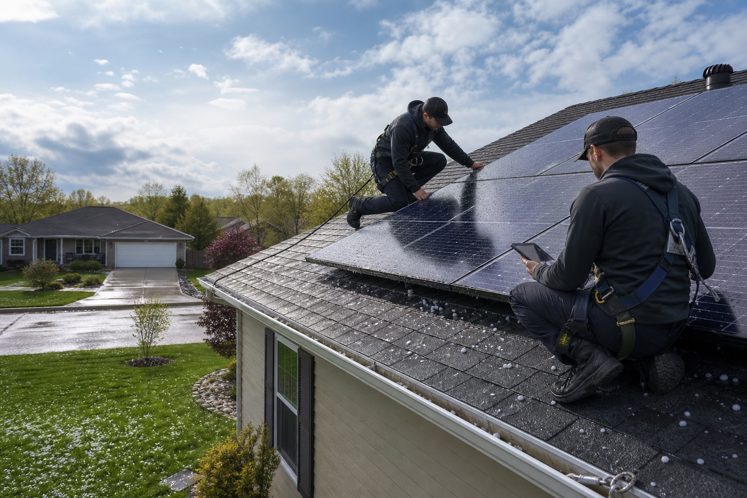 Solar technicians inspecting rooftop panels after a Missouri hailstorm